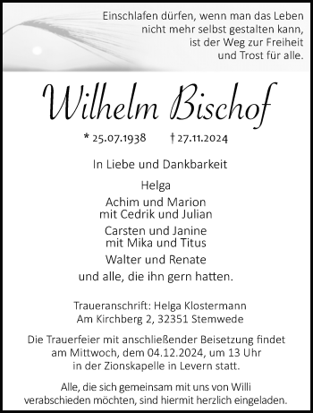 Traueranzeige von Wilhelm Bischof von Westfalen Blatt