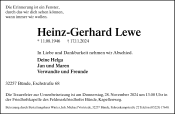 Traueranzeige von Heinz-Gerhard Lewe von Westfalen Blatt