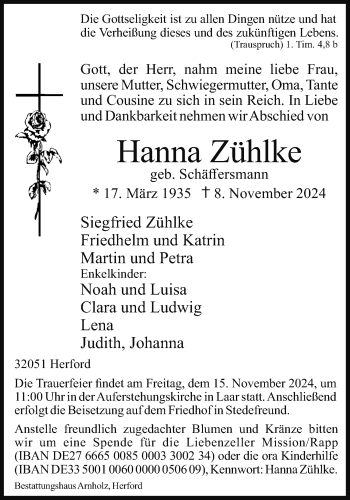 Traueranzeige von Hanna Zühlke von Westfalen Blatt