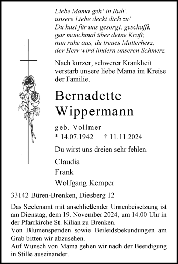 Traueranzeige von Bernadette Wippermann von Westfalen Blatt