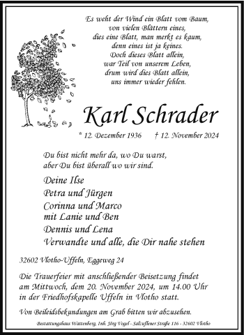 Traueranzeige von Karl Schrader von Westfalen Blatt