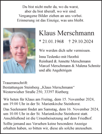 Traueranzeige von Klaus Merschmann von Westfalen Blatt