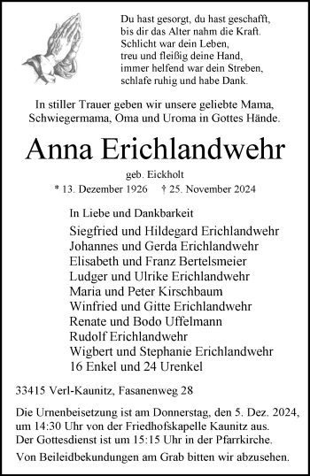 Traueranzeige von Anna Erichlandwehr von Westfalen Blatt