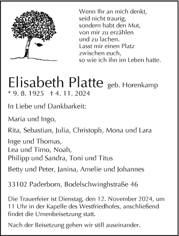 Traueranzeige von Elisabeth Platte von Westfalen Blatt