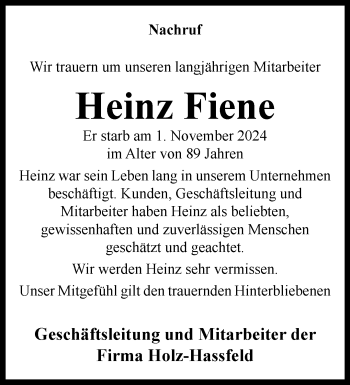 Traueranzeige von Heinz Fiene von Westfalen Blatt