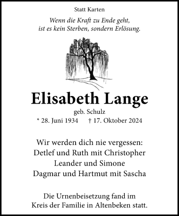 Traueranzeige von Elisabeth Lange von Westfalen Blatt