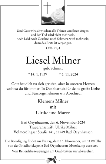 Traueranzeige von Liesel Milner von Westfalen Blatt