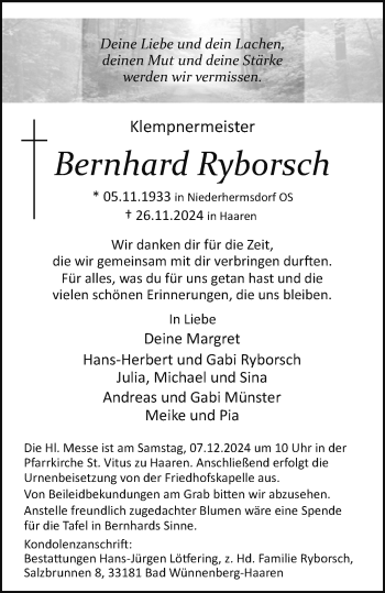 Traueranzeige von Bernhard Ryborsch von Westfalen Blatt