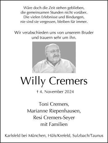 Traueranzeige von Willy Cremers von Westfalen Blatt