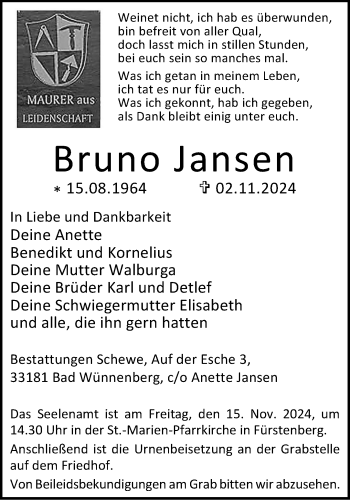 Traueranzeige von Bruno Jansen von Westfalen Blatt