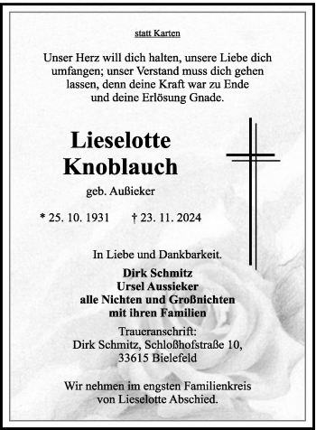 Traueranzeige von Lieselotte Knoblauch von Westfalen Blatt