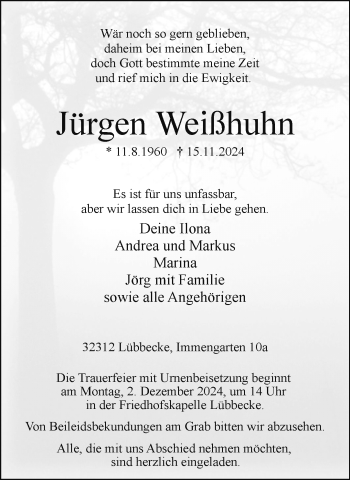 Traueranzeige von Jürgen Weißhuhn von Westfalen Blatt