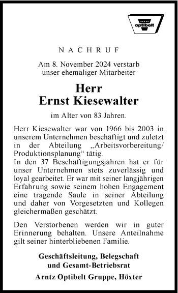 Traueranzeige von Ernst Kiesewalter von Westfalen Blatt