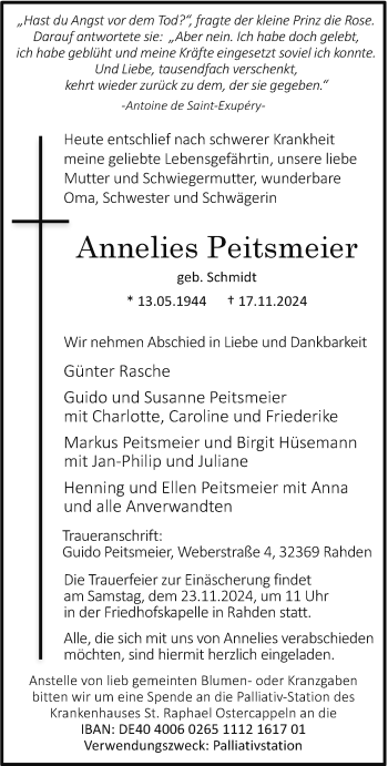 Traueranzeige von Annelies Peitsmeier von Westfalen Blatt