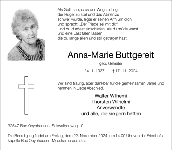 Traueranzeige von Anna-Marie Buttgereit von Westfalen Blatt