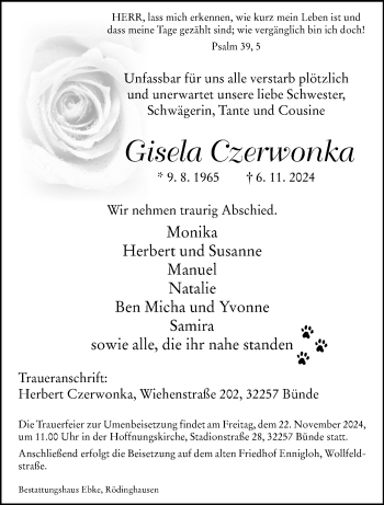 Traueranzeige von Gisela Czerwonka von Westfalen Blatt