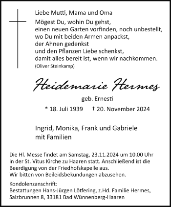 Traueranzeige von Heidemarie Hermes von Westfalen Blatt