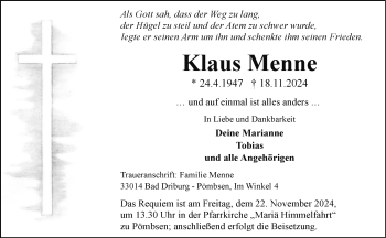 Traueranzeige von Klaus Menne von Westfalen Blatt