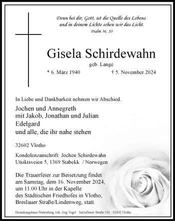 Traueranzeige von Gisela Schirdewahn von Westfalen Blatt