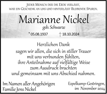 Traueranzeige von Marianne Nickel von Westfalen Blatt