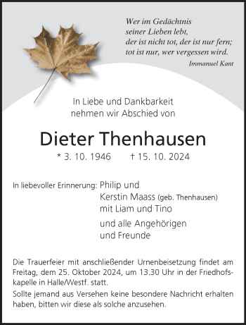 Traueranzeige von Dieter Thenhausen von Westfalen Blatt