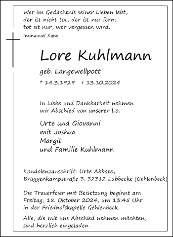 Traueranzeige von Lore Kuhlmann von Westfalen Blatt