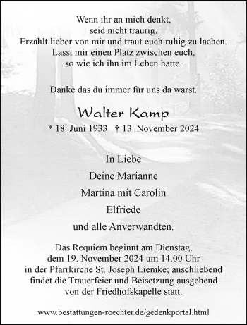 Traueranzeige von Walter Kamp von Westfalen Blatt