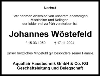 Traueranzeige von Johannes Wöstefeld von Westfalen Blatt