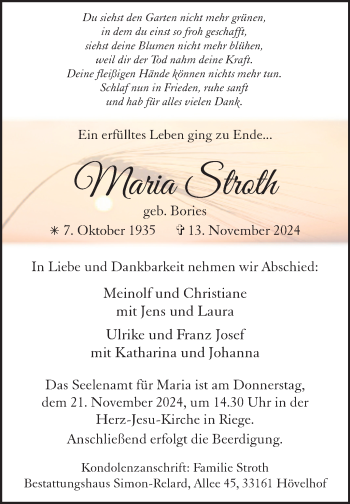 Traueranzeige von Maria Stroth von Westfalen Blatt