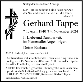 Traueranzeige von Gerhard Tappe von Westfalen Blatt