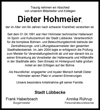 Traueranzeige von Dieter Hohmeier von Westfalen Blatt