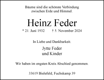 Traueranzeige von Heinz Feder von Westfalen Blatt