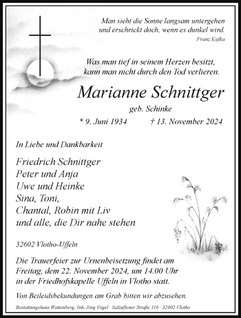 Traueranzeige von Marianne Schnittger von Westfalen Blatt