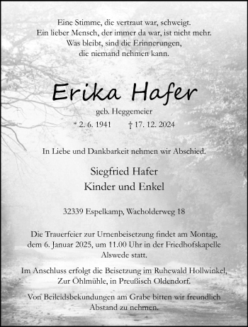 Traueranzeige von Erika Hafer von Westfalen Blatt