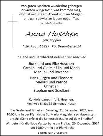 Traueranzeige von Anna Huschen von Westfalen Blatt