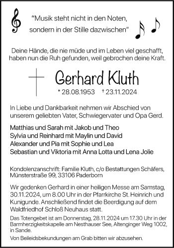 Traueranzeige von Gerhard Kluth von Westfalen Blatt