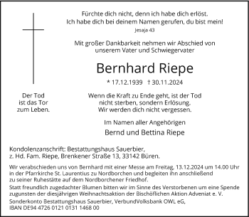 Traueranzeige von Bernhard Riepe von Westfalen Blatt