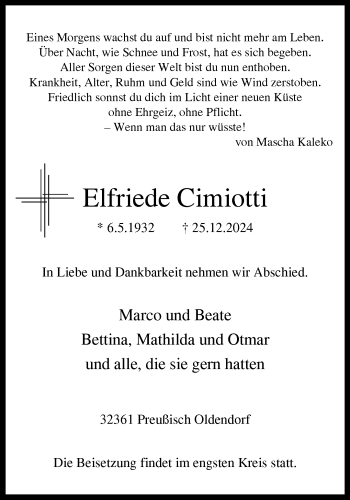 Traueranzeige von Elfriede Cimiotti von Westfalen Blatt