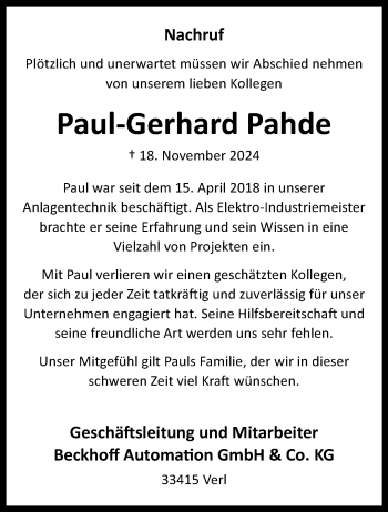 Traueranzeige von Paul Gerhard Pahde von Westfalen Blatt