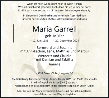 Traueranzeige von Maria Garrell von Westfalen Blatt