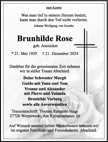 Traueranzeige von Brunhilde Rose Rose von Westfalen Blatt