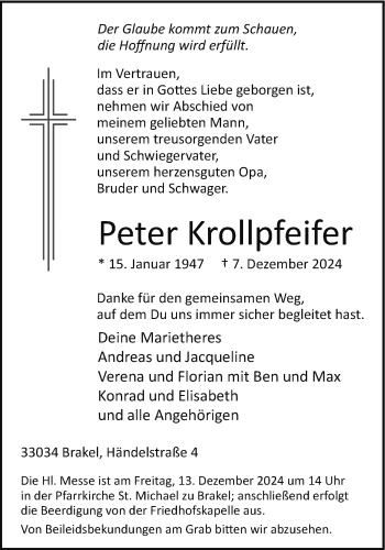 Traueranzeige von Peter Krollpfeifer von Westfalen Blatt