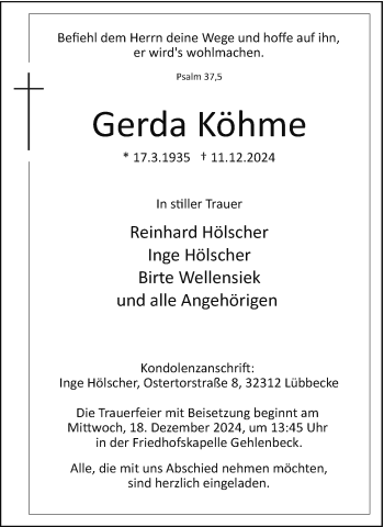 Traueranzeige von Gerda Köhme von Westfalen Blatt