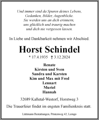 Traueranzeige von Horst Schindel von Westfalen Blatt