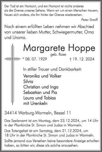 Traueranzeige von Margarete Hoppe von Westfalen Blatt