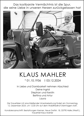 Traueranzeige von Klaus Mahler von Westfalen Blatt