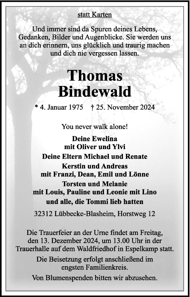  Traueranzeige für Thomas Bindewald vom 07.12.2024 aus Westfalen Blatt