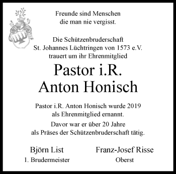 Traueranzeige von Anton Honisch von Westfalen Blatt