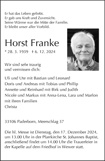 Traueranzeige von Horst Franke von Westfalen Blatt