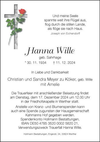 Traueranzeige von Hanna Wille von Westfalen Blatt